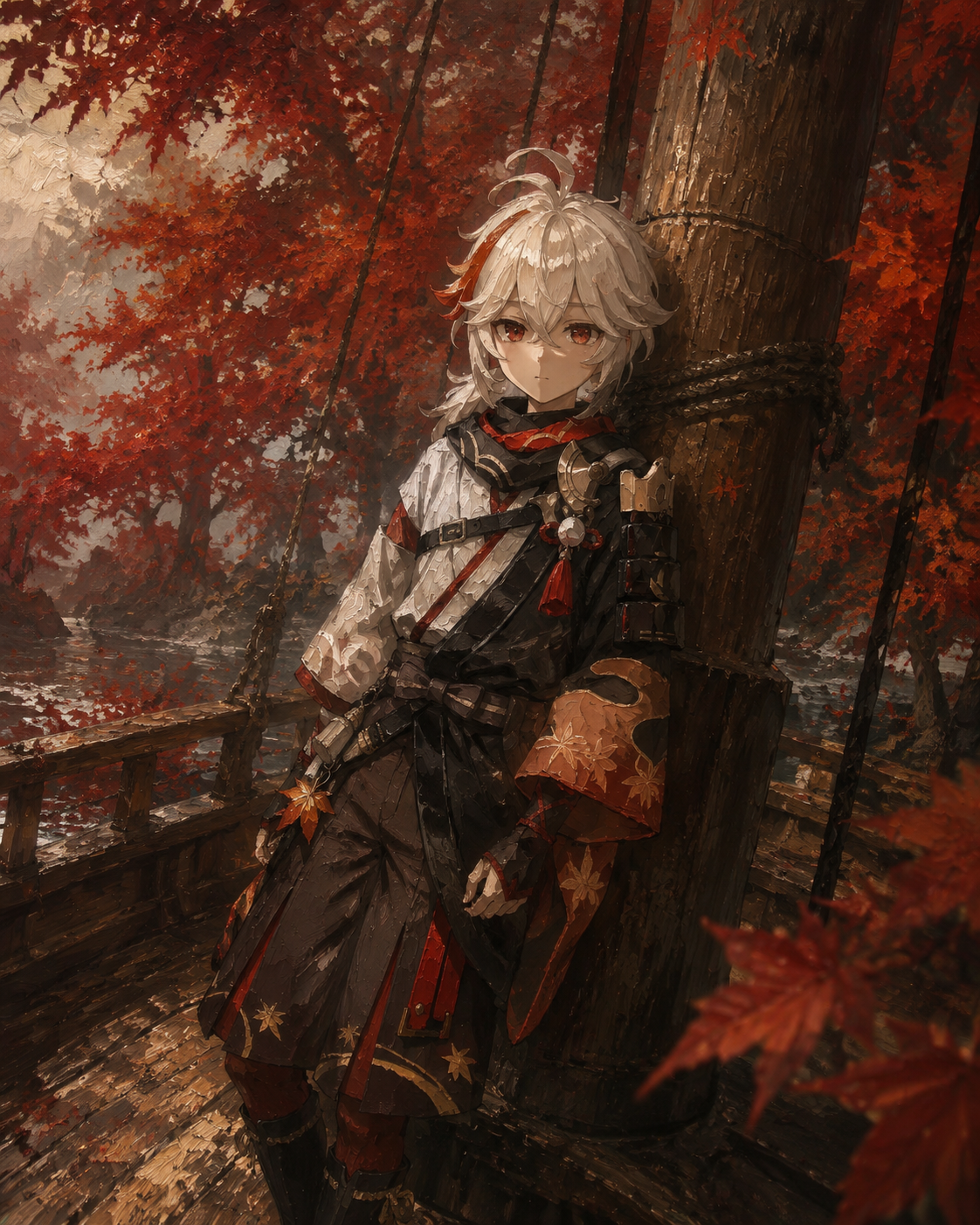 Leaning against the mast of a ship In a serene forest of crimson maple trees (moody oil painting with thick brushstrokes)