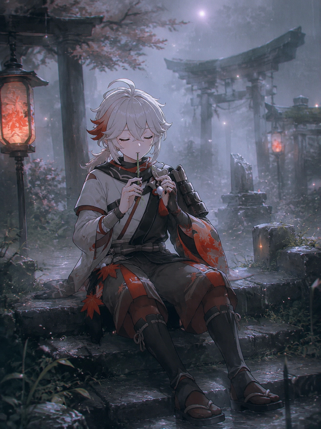 Playing a melody on a blade of grass In a deserted shrine during a light drizzle (ethereal dreamcore with soft glowing particles)