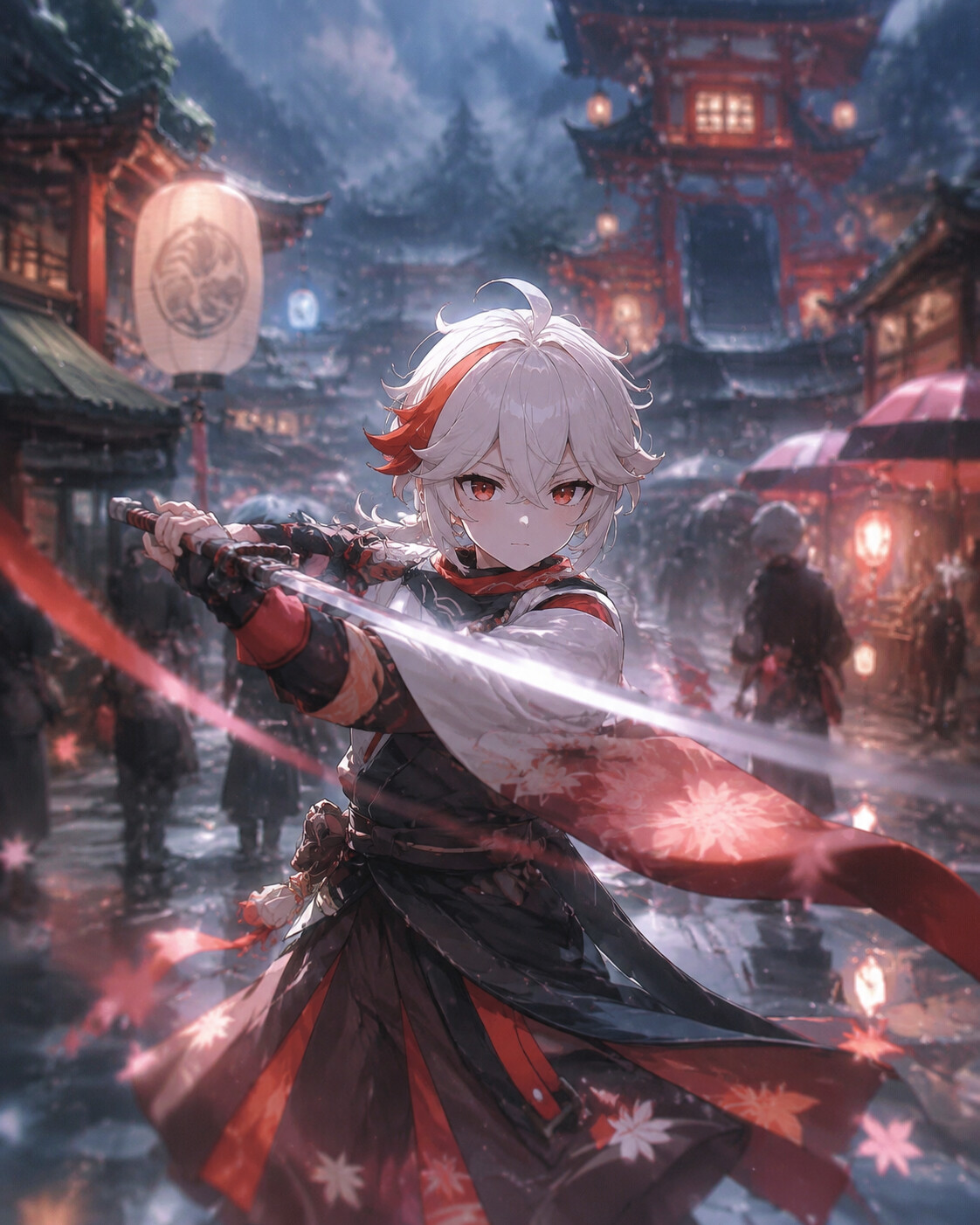 Practicing a swift sword strike in the rain at a bustling market square in Ritou (ethereal dreamcore with soft glowing particles)