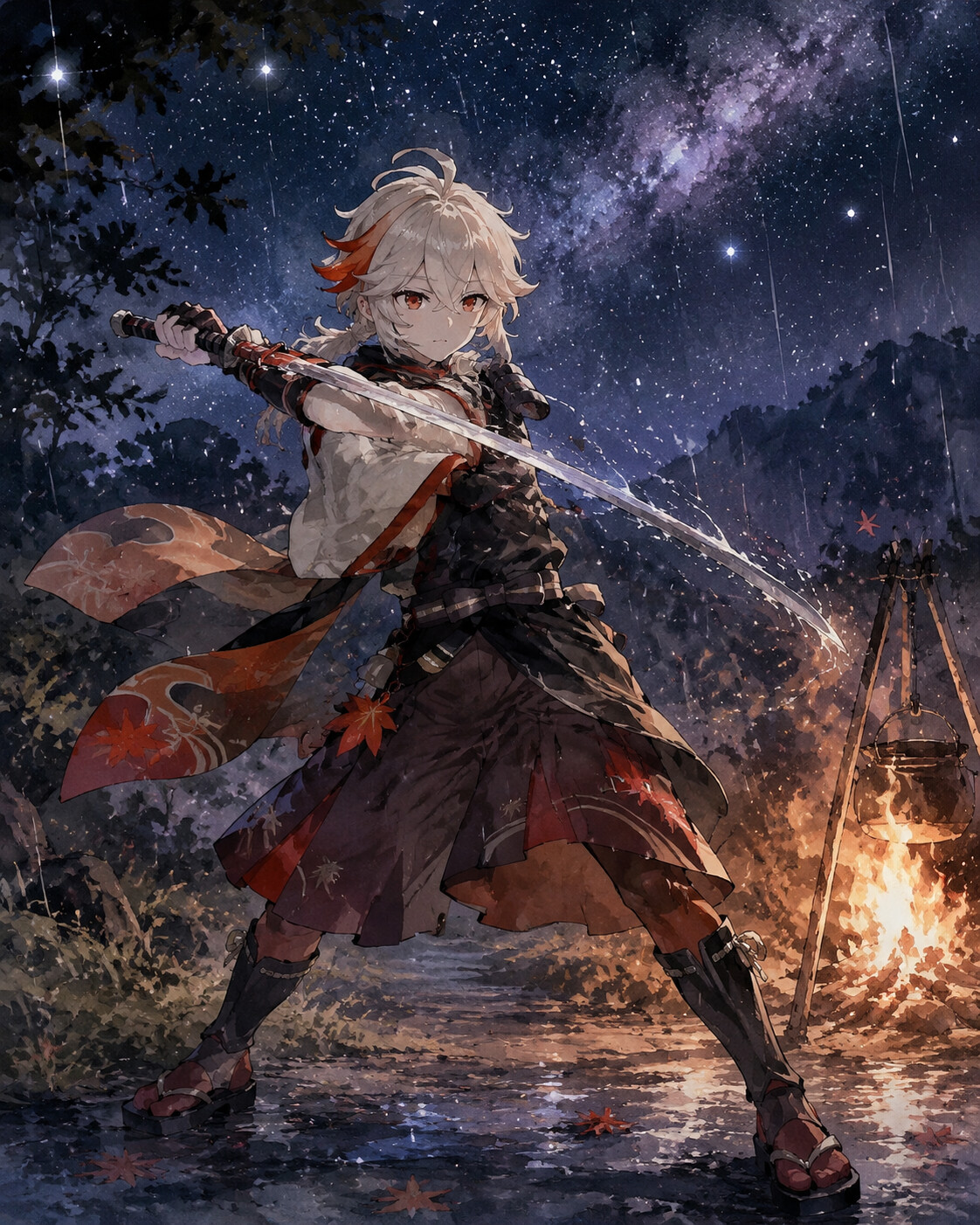 Practicing a swift sword strike in the rain at a flickering campfire under a starry sky (watercolor anime style with soft lighting)