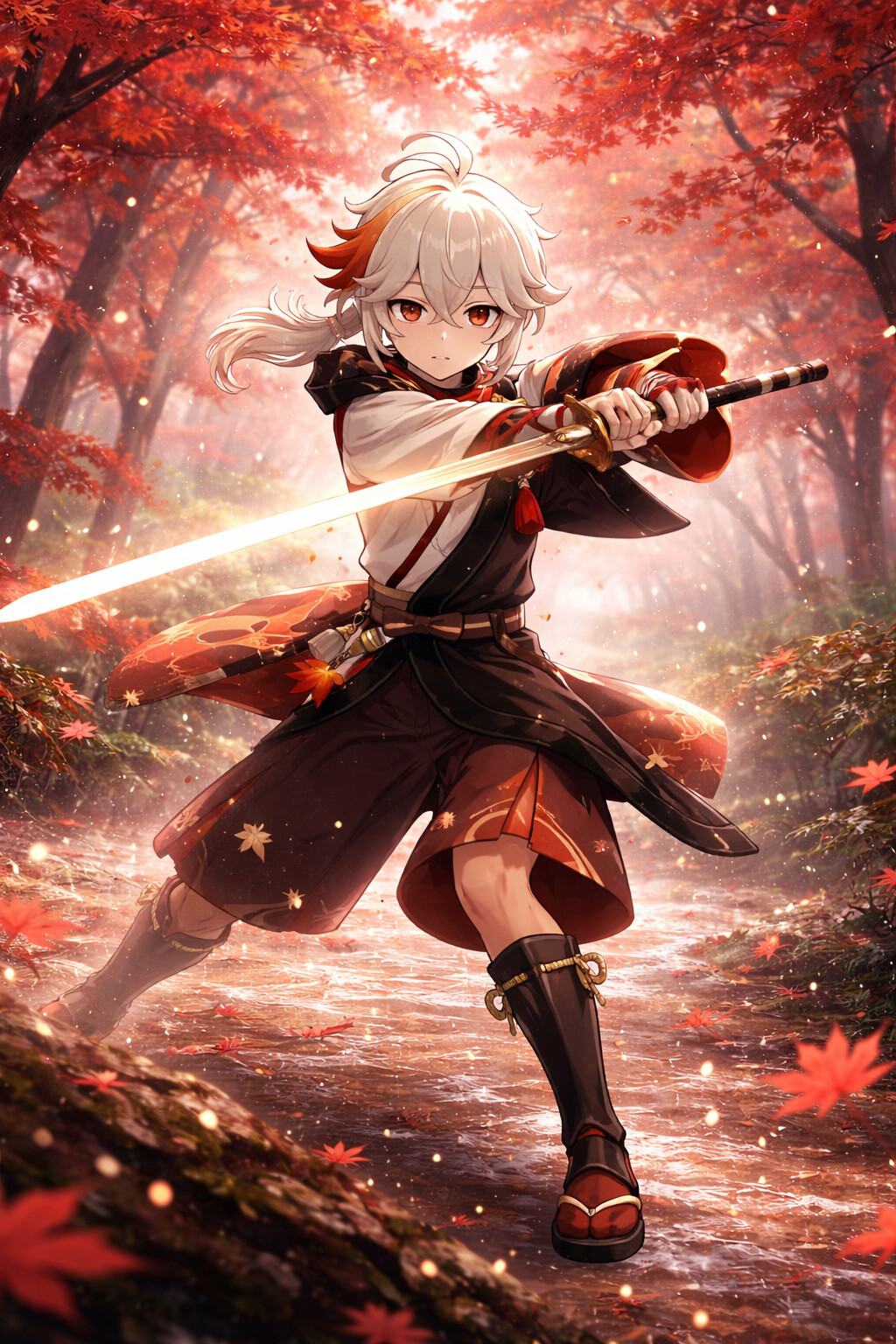 Practicing a swift sword strike in the rain in a serene forest of crimson maple trees (ethereal dreamcore with soft glowing particles)