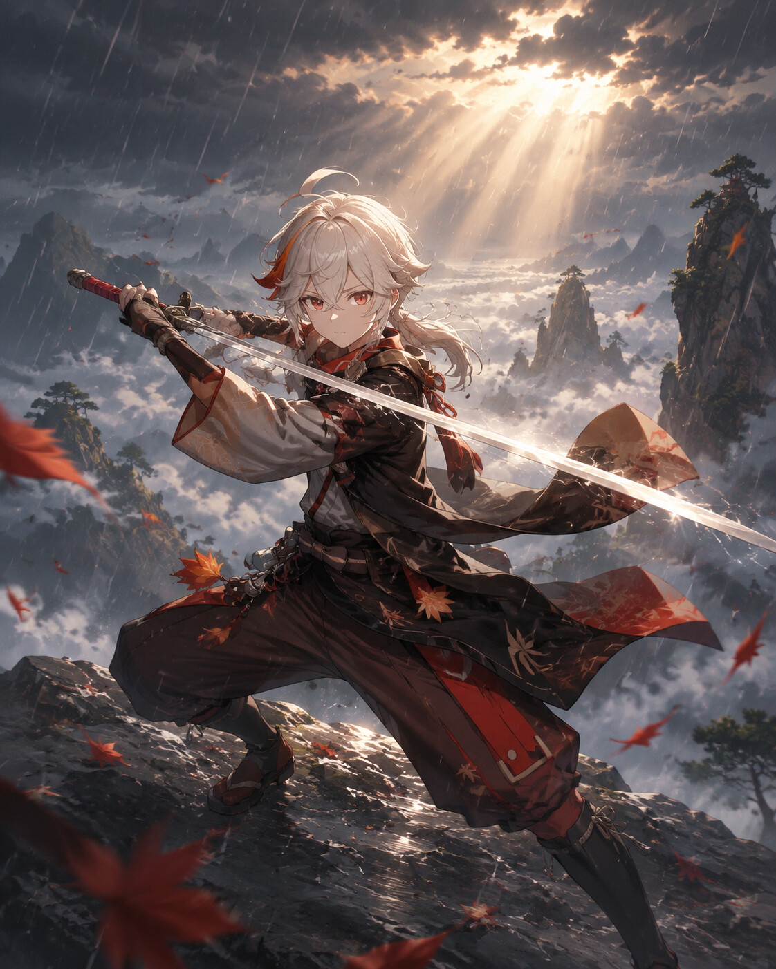 Practicing a swift sword strike in the rain on a high mountain peak above the clouds (cinematic fantasy art with dramatic sunbeams)