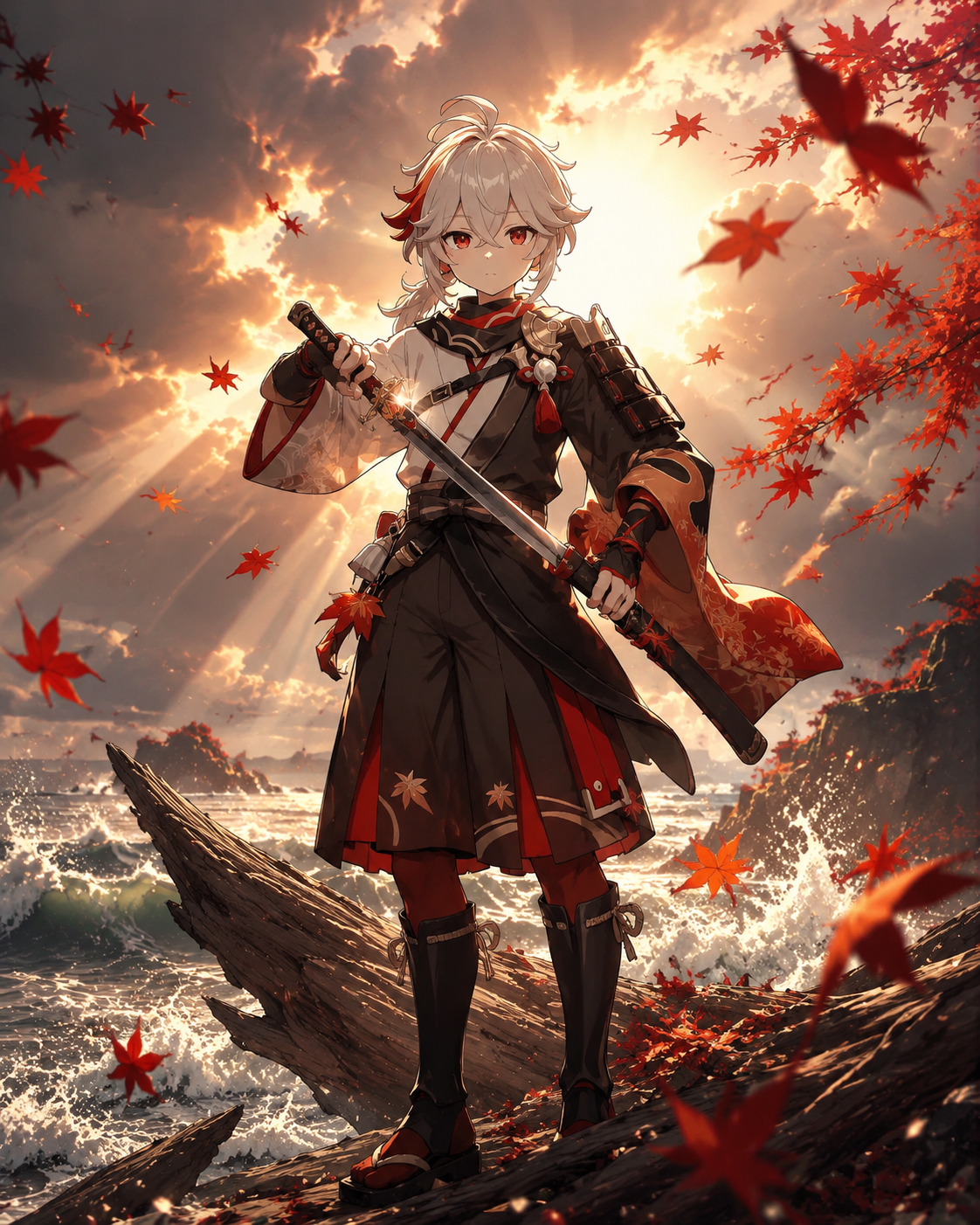 Sheathing his katana amidst swirling red leaves On a driftwood log by the crashing waves (cinematic fantasy art with dramatic sunbeams)