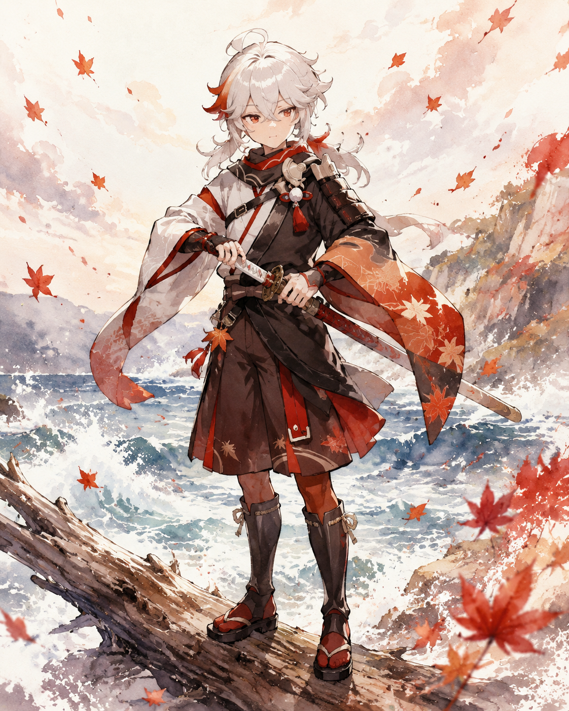 Sheathing his katana amidst swirling red leaves On a driftwood log by the crashing waves (watercolor anime style with soft lighting)