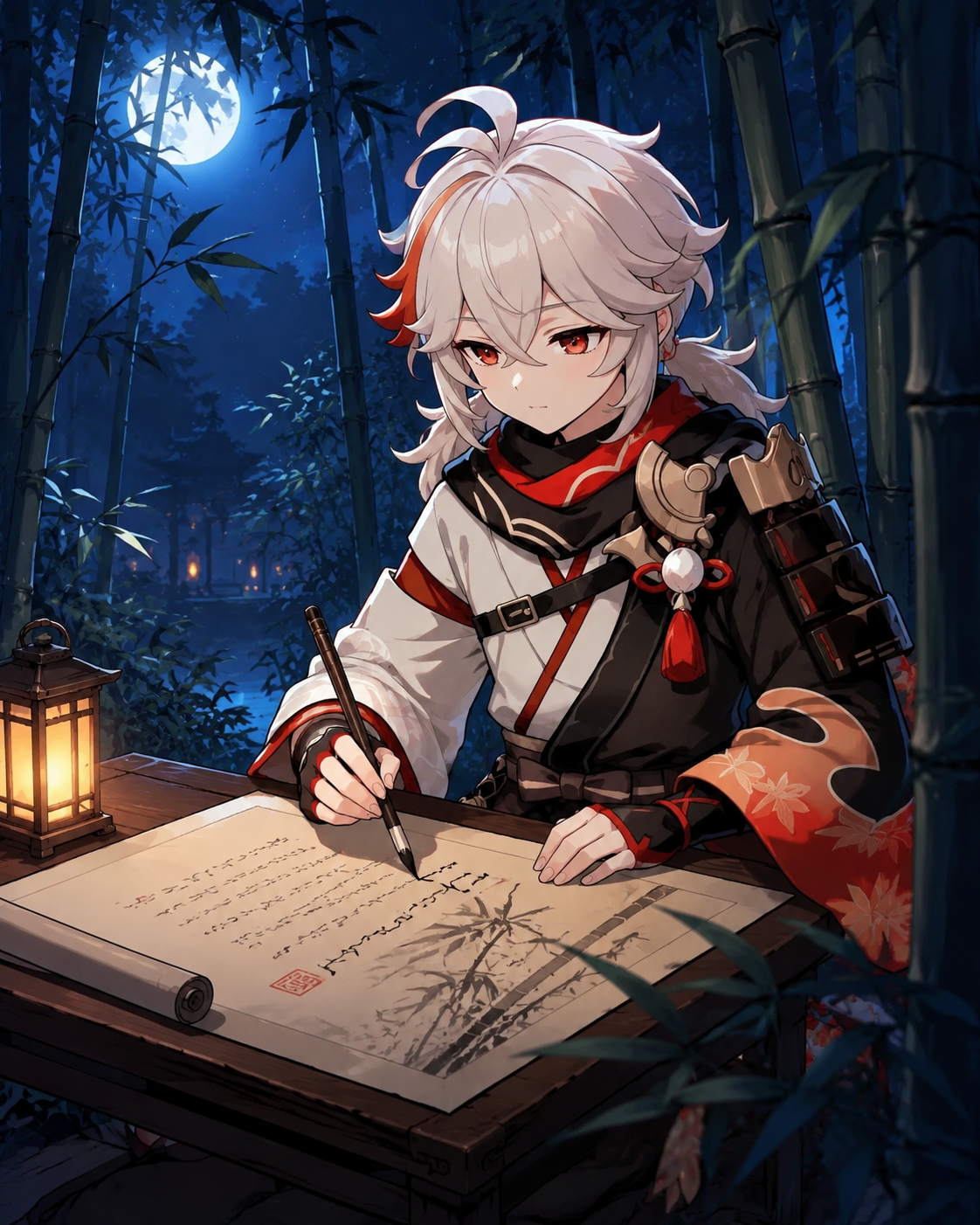 Sketching a poem onto a piece of parchment In a quiet bamboo grove at midnight (clean line art with vibrant cel shading)
