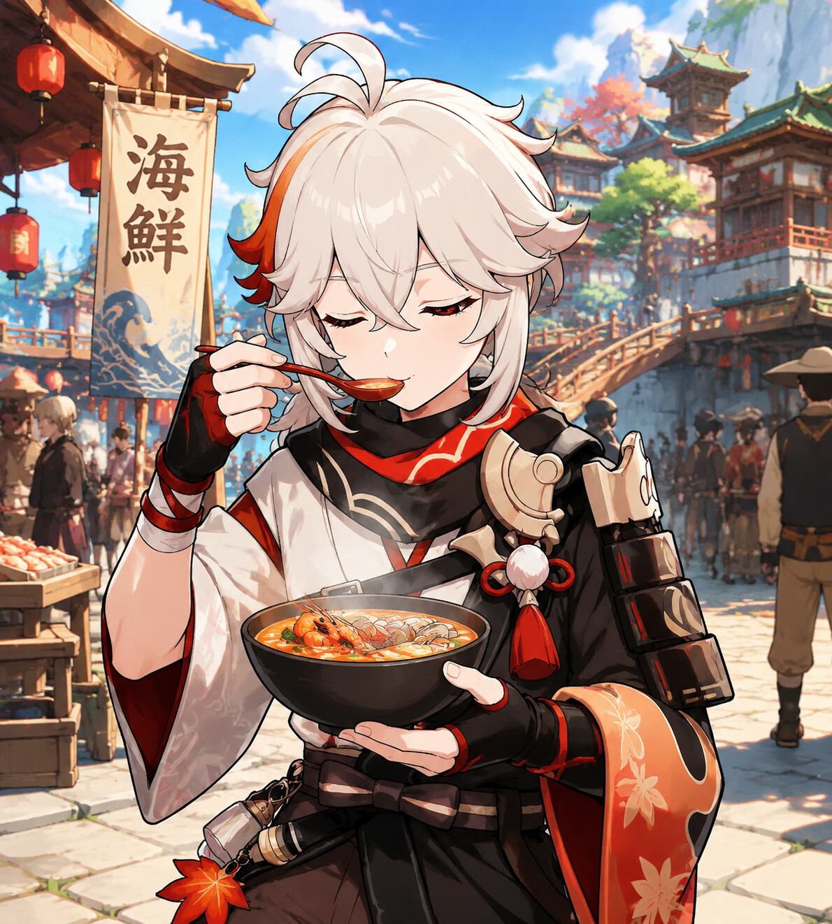 Tasting a bowl of hot seafood soup at a bustling market square in Ritou (clean line art with vibrant cel shading)