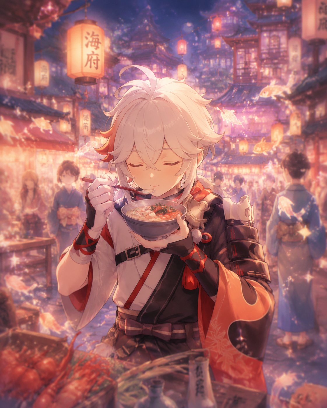 Tasting a bowl of hot seafood soup At a bustling market square in Ritou (ethereal dreamcore with soft glowing particles)
