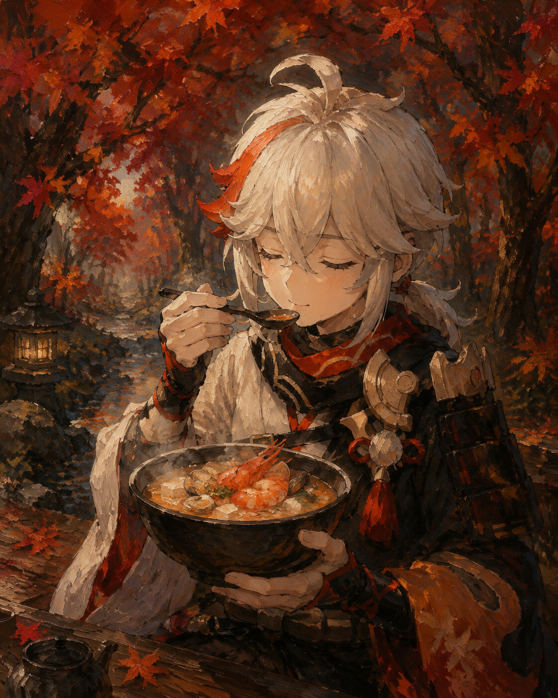 Tasting a bowl of hot seafood soup in a serene forest of crimson maple trees (moody oil painting with thick brushstrokes)