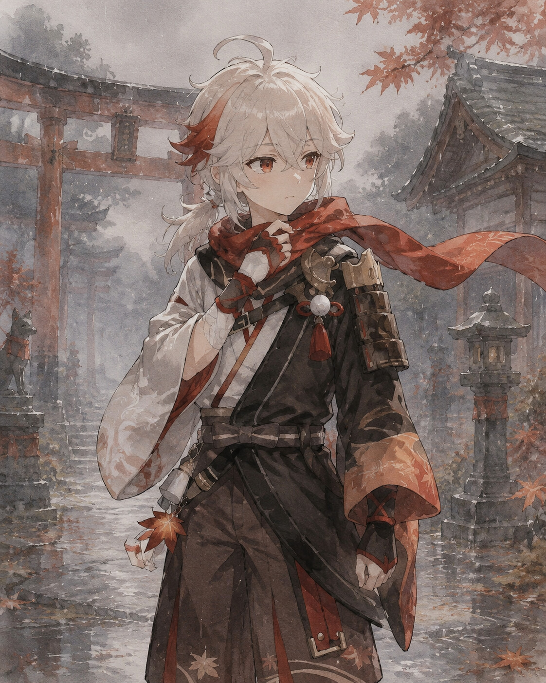 Tightening his red scarf against the wind in a deserted shrine during a light drizzle (watercolor anime style with soft lighting)