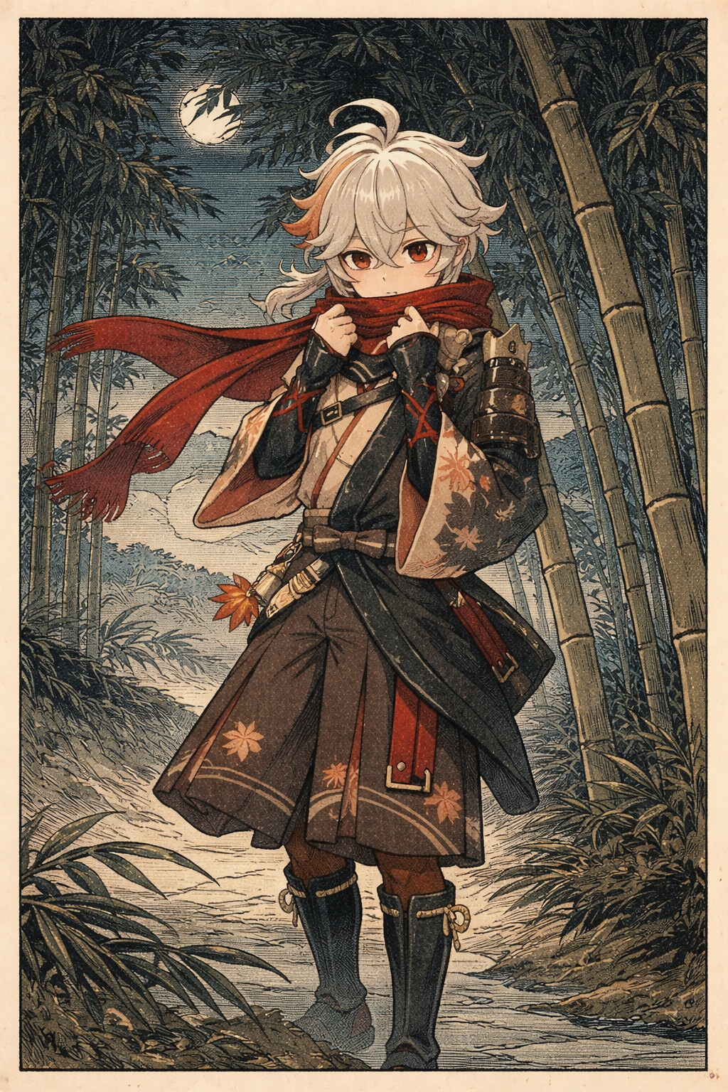 Tightening his red scarf against the wind in a quiet bamboo grove at midnight (traditional ukiyo-e woodblock print aesthetic)