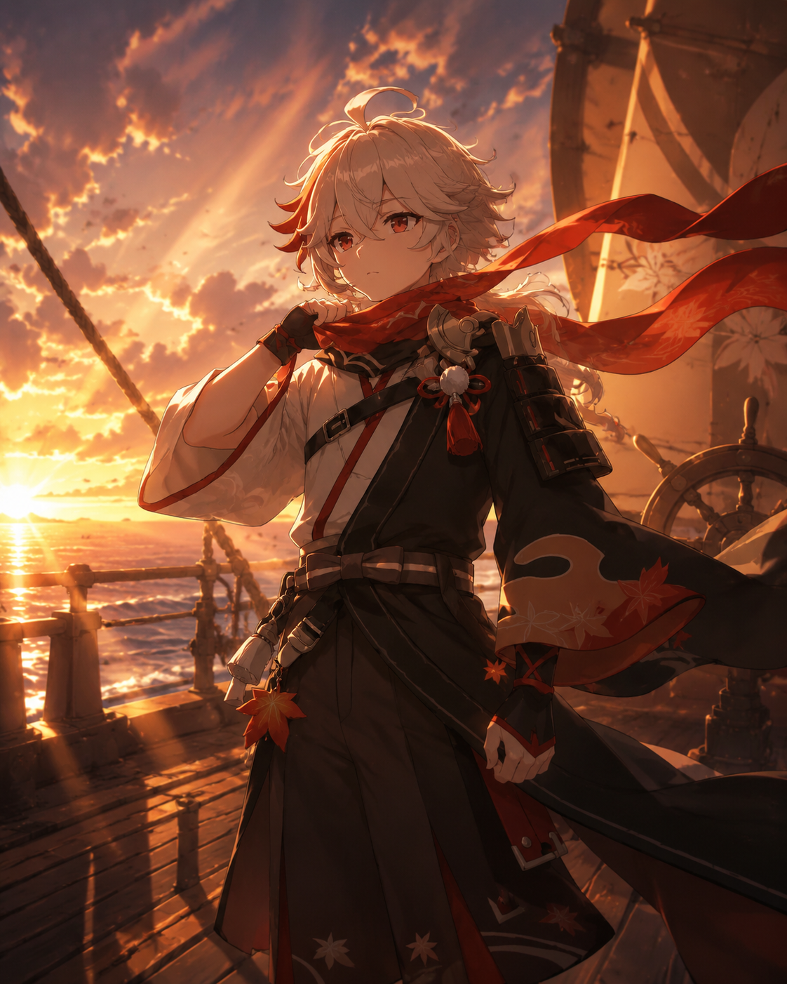 Tightening his red scarf against the wind On the deck of the Alcor during a sunset (cinematic fantasy art with dramatic sunbeams)