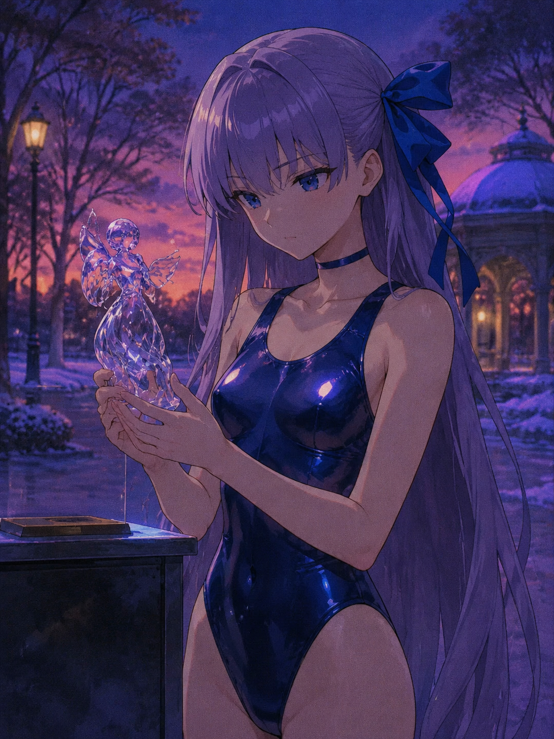 Inspecting a fragile glass sculpture At a snowy park during twilight (retro 90s OVA style, grainy texture)