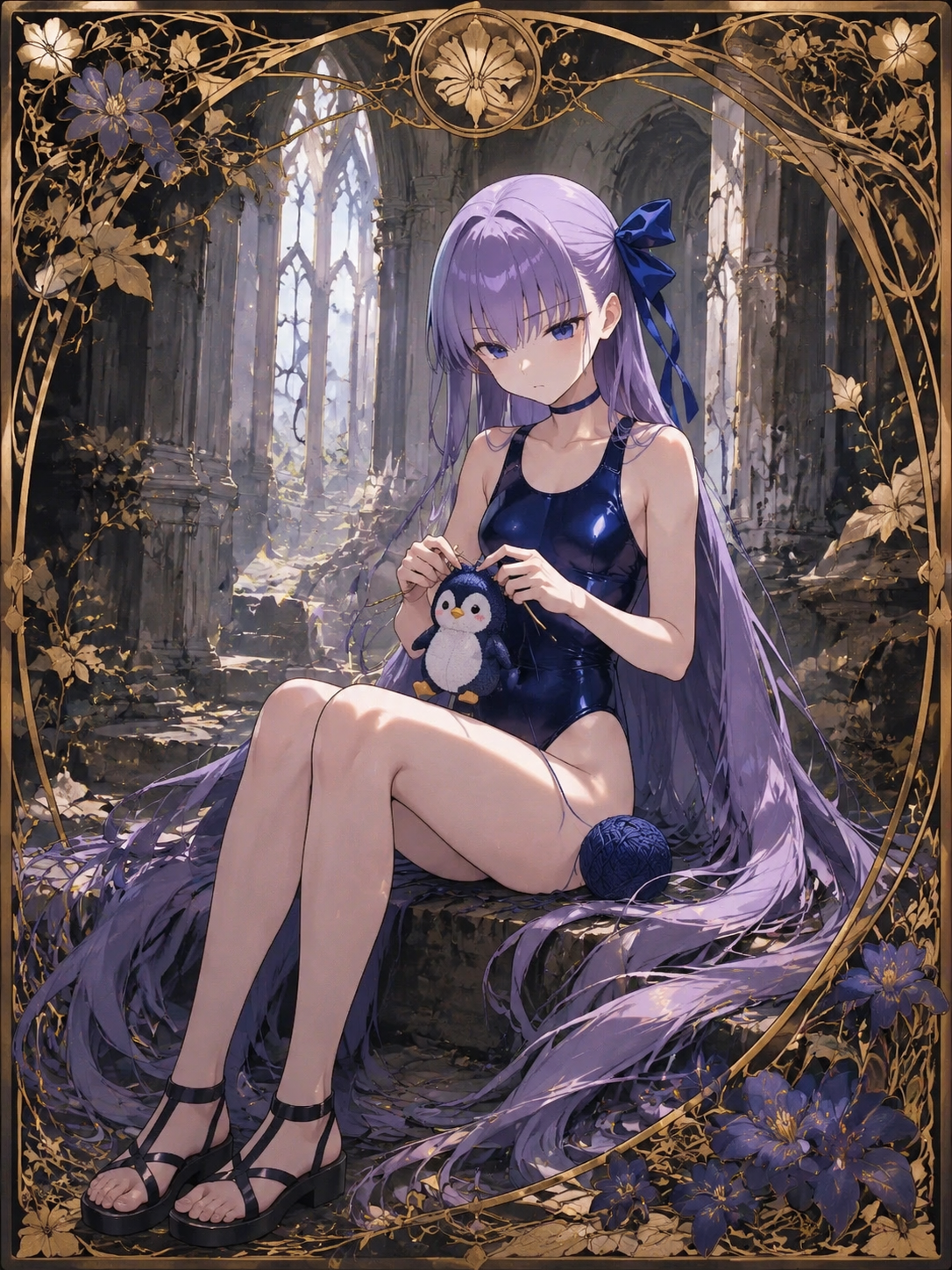 Knitting a small penguin doll In a ruined gothic cathedral (art nouveau illustration, gold filigree)