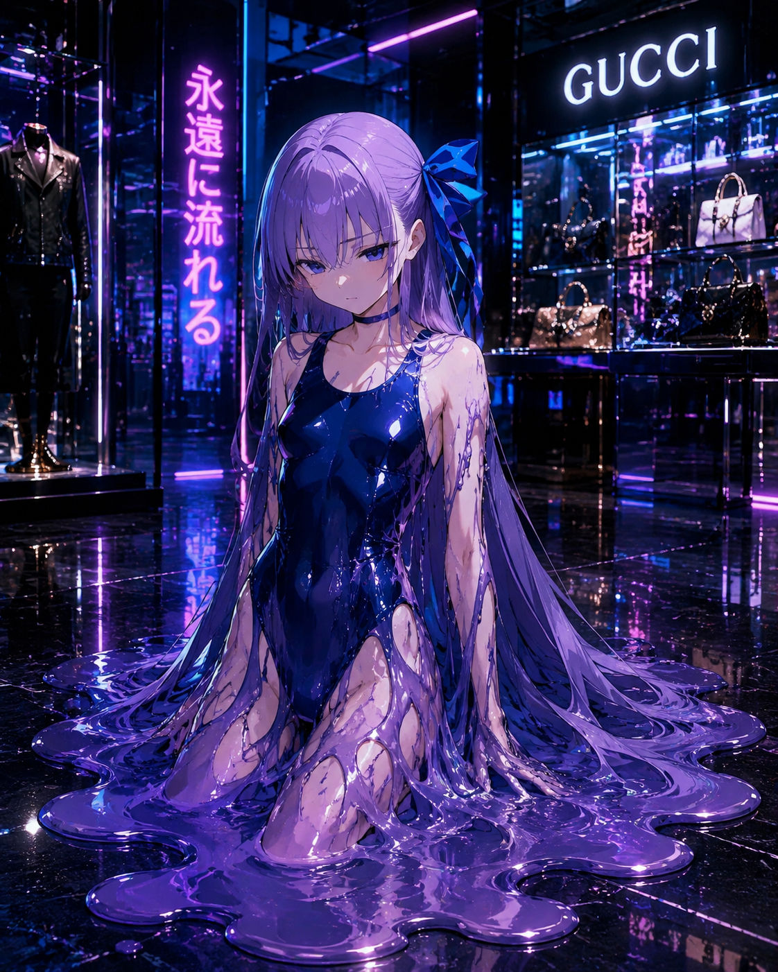 Melting into a liquid puddle At a high-end designer boutique (cyberpunk neon, high contrast)
