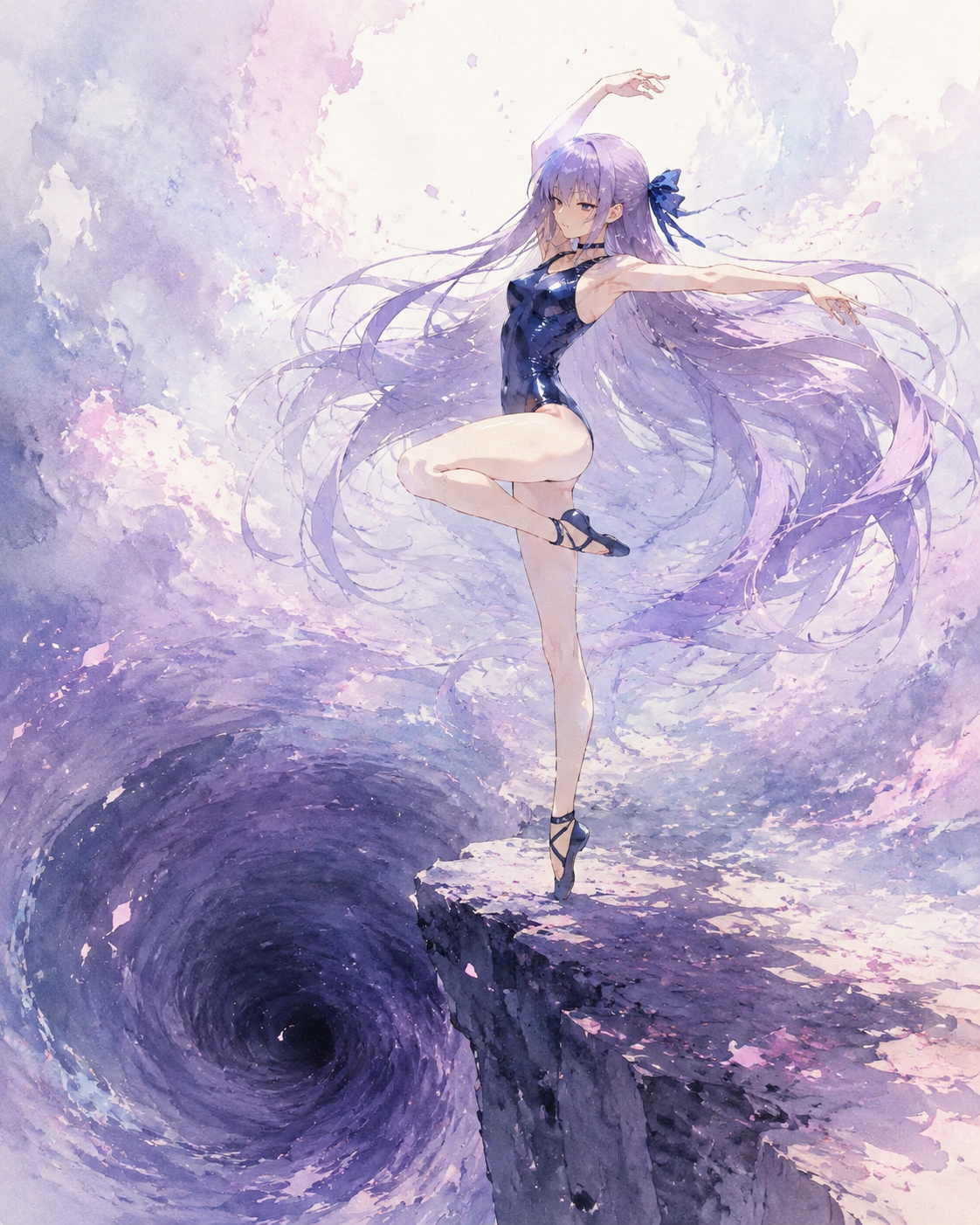 Performing a flawless pirouette At the edge of a swirling abyss (ethereal watercolor anime, soft lighting)