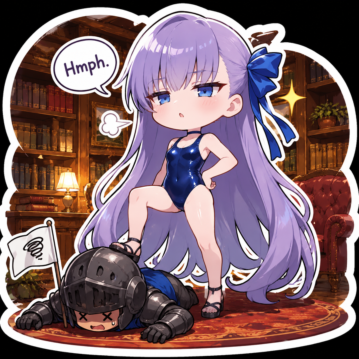 Scoffing at a defeated foe In a cozy library with mahogany shelves (chibi sticker art, vibrant colors)