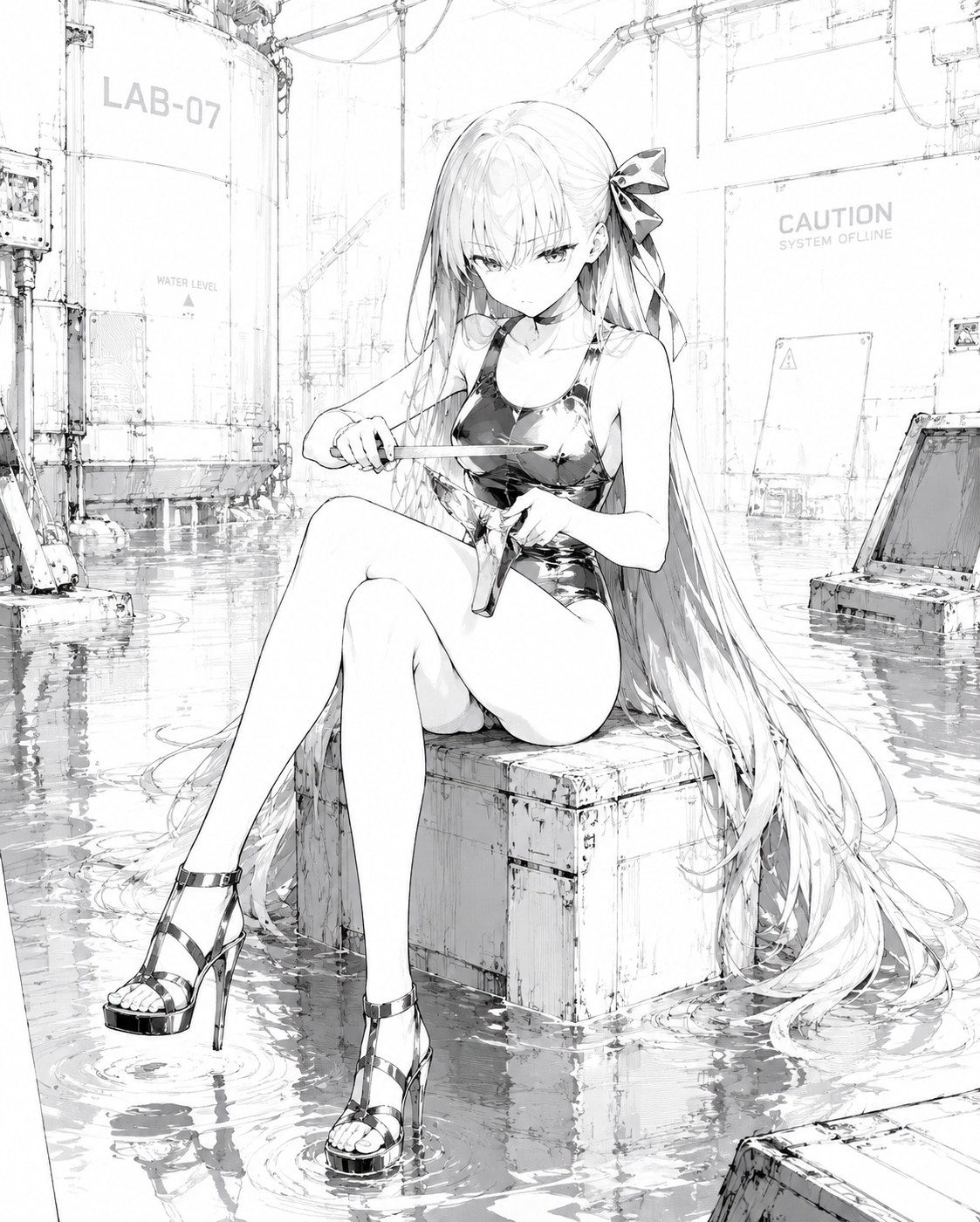 Sharpening her metallic heels In a flooded futuristic laboratory (minimalist ink sketch, monochrome)