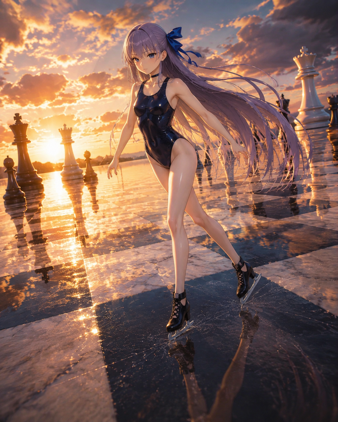 Skating across a gleaming lake On a giant chessboard at sunset (cinematic 3D render, raytraced reflections)