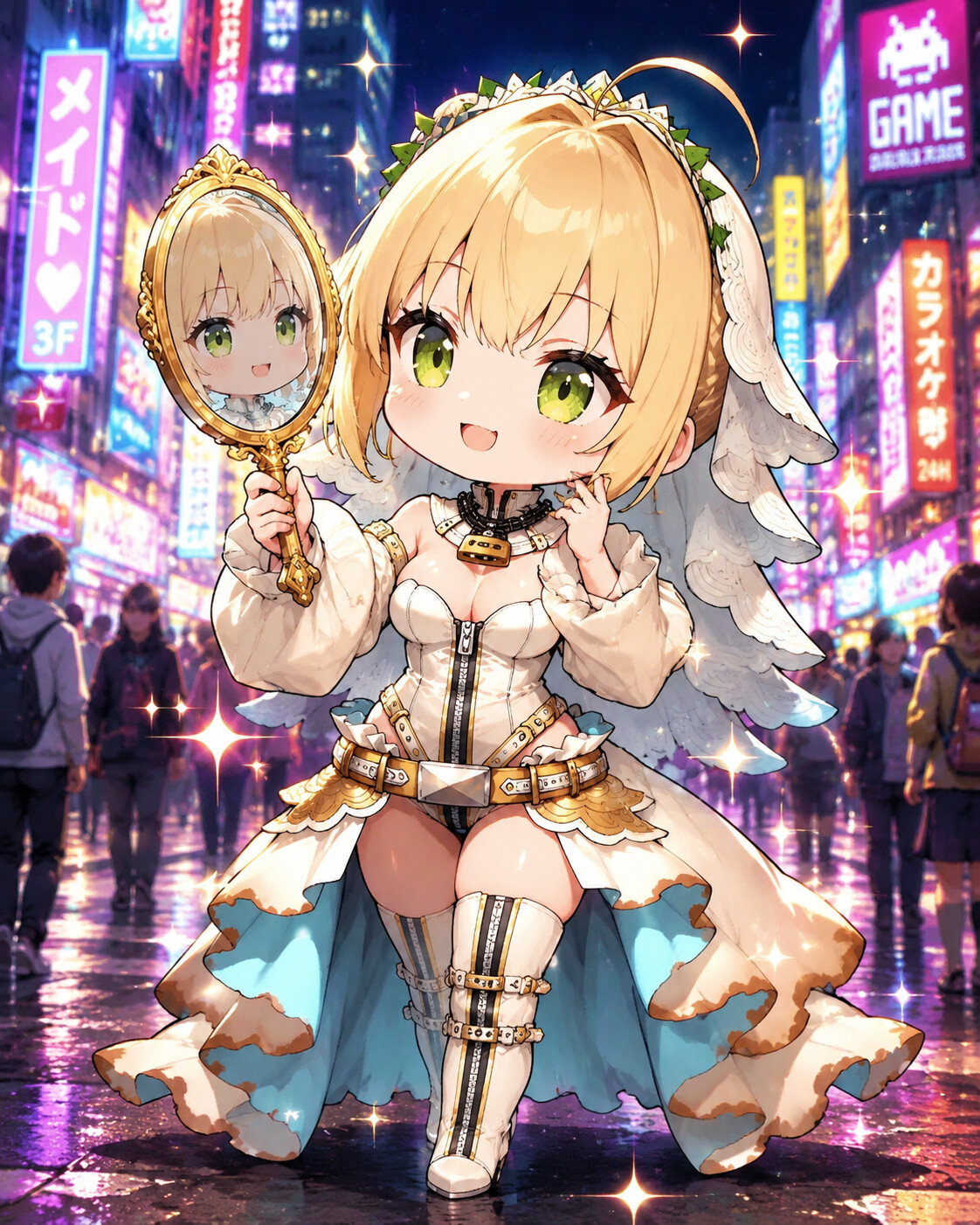 Admiring her own reflection in a gilded hand mirror on a bustling modern street under neon signs (chibi cute)