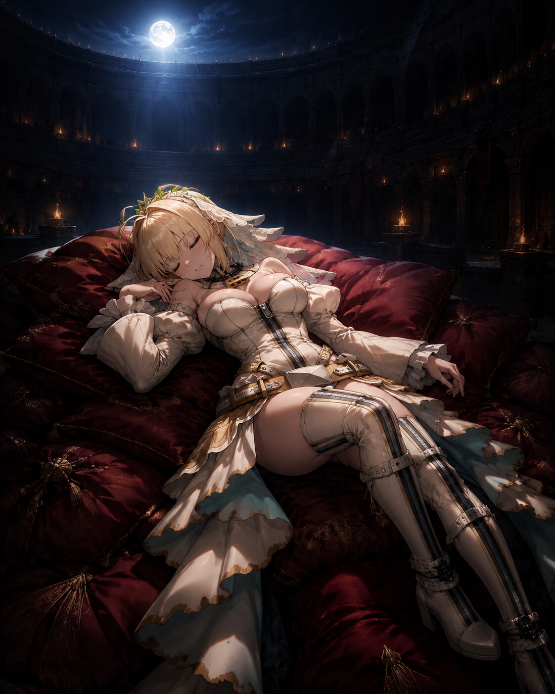Napping quietly on a pile of crimson cushions in a dark stone arena lit by moonlight (cinematic digital art)
