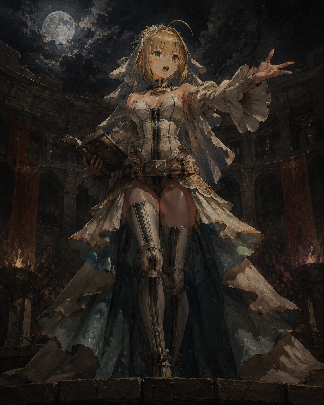 Reciting epic poetry with grand theatrical gestures in a dark stone arena lit by moonlight (dark oil painting)