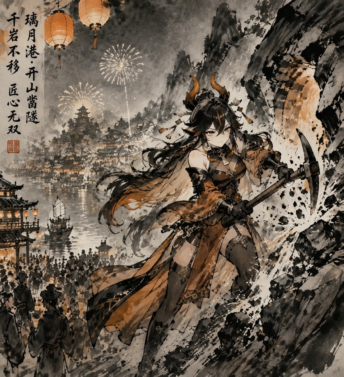 Carving a tunnel through a granite mountain range At a bustling Liyue harbor festival at night (sumi-e ink wash, bold traditional brushstrokes)