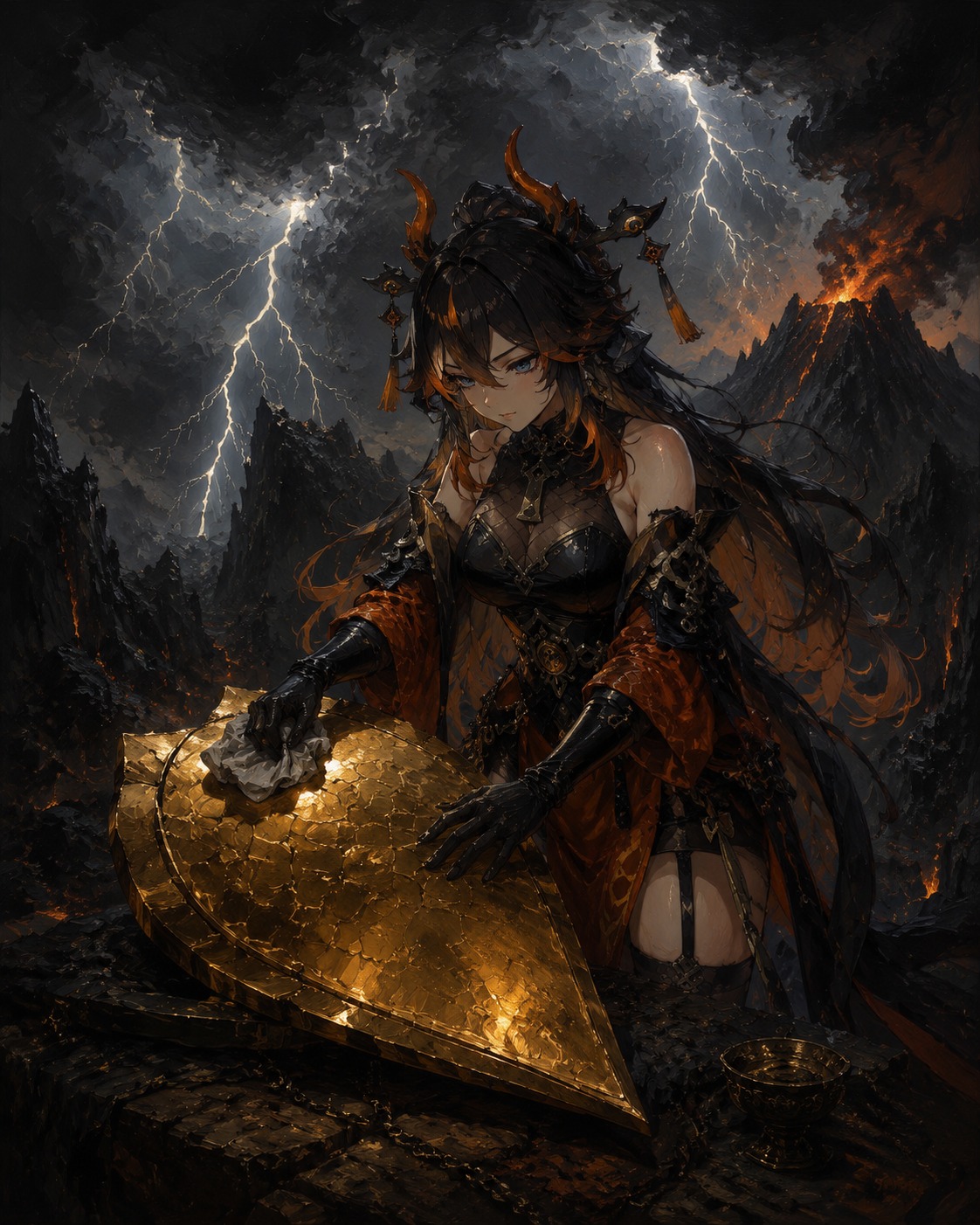 Polishing a single massive golden scale On a jagged volcanic peak during a lightning storm (gothic oil painting, heavy textures and shadows)