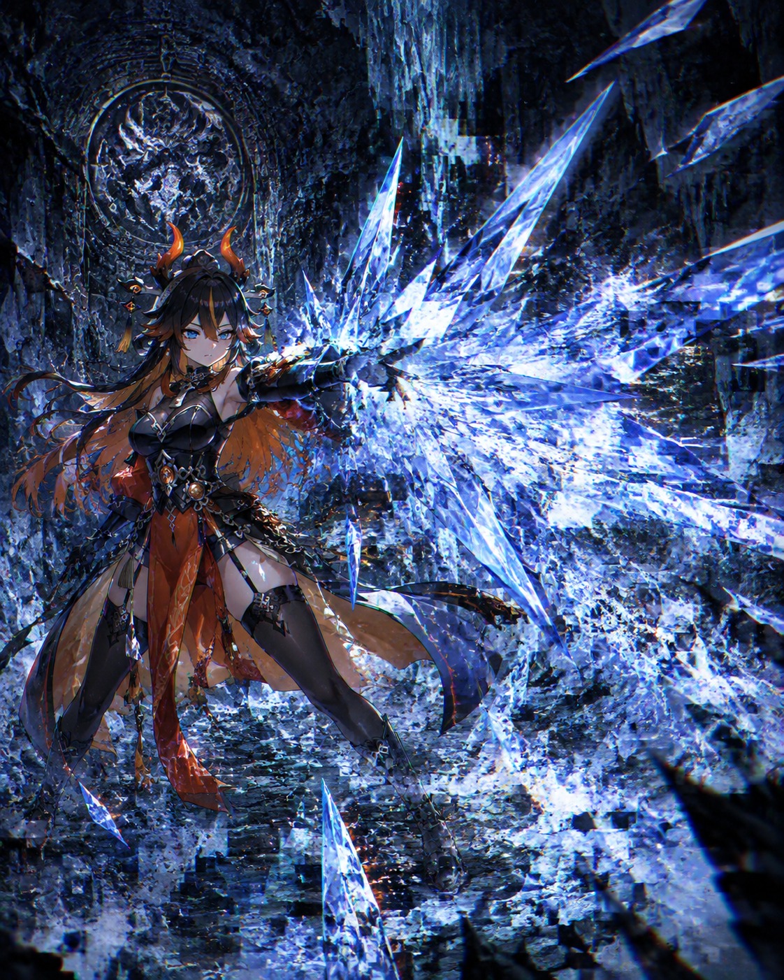 Unleashing a torrent of jagged cryo spikes Inside the sealed cavern of the Dragon-Queller (glitch art, distorted digital fragments of erosion)