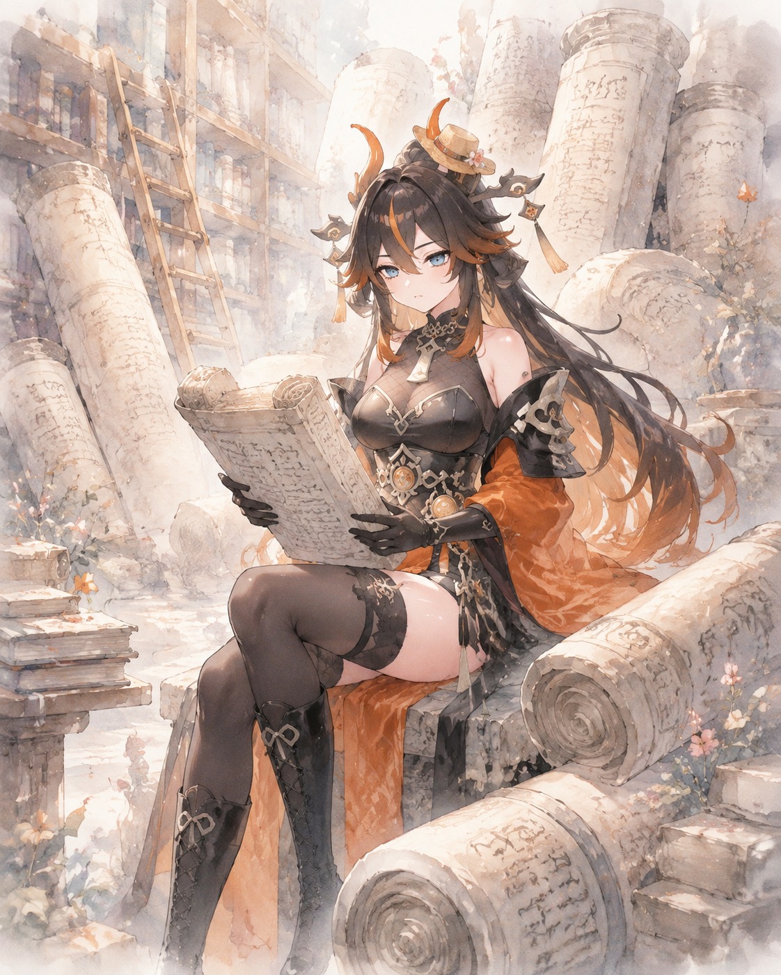 Wearing a miniature straw hat on one horn In a dusty library filled with giant stone scrolls (soft pastel watercolor, whimsical and airy)