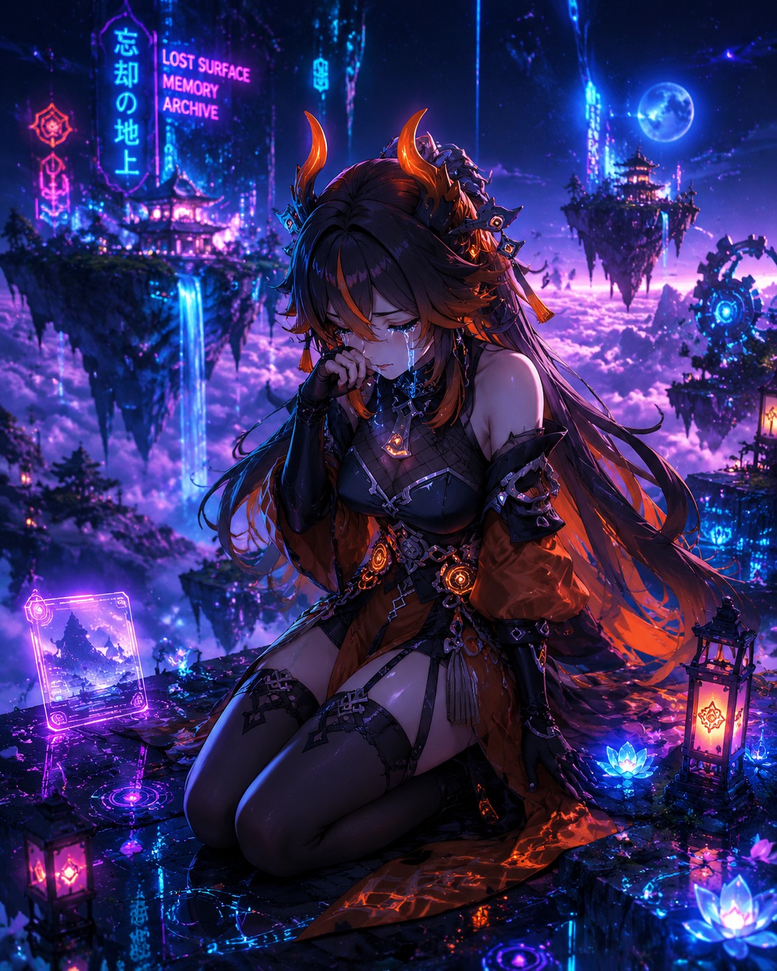 Weeping for a forgotten memory of the surface On a floating celestial island above the clouds (cyberpunk neon, glowing mechanical accents)