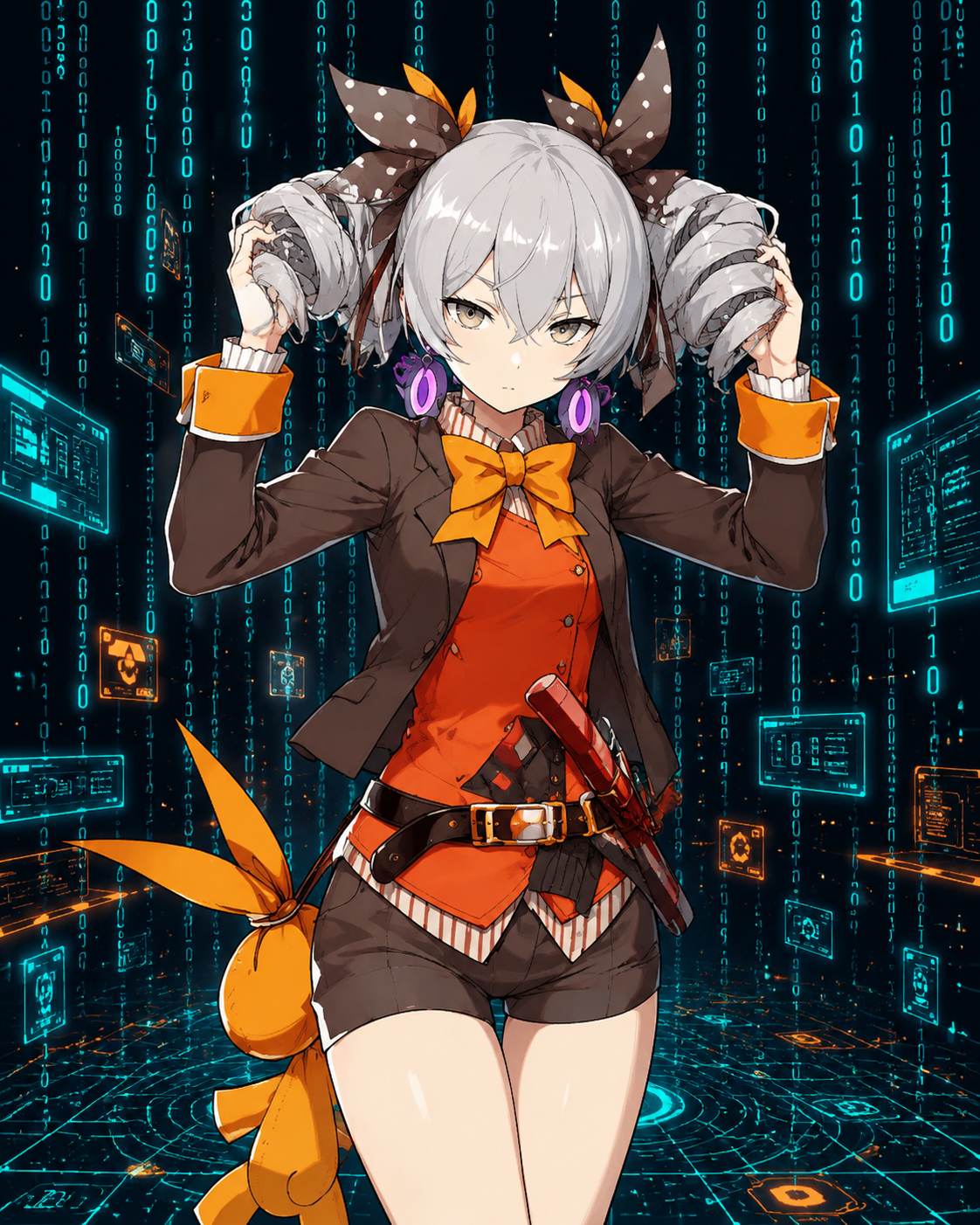 Adjusting her silver drill pigtails In a digital void of cascading binary code (sharp cel-shaded anime, crisp line art)