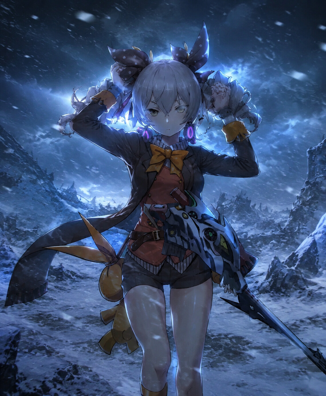 Adjusting her silver drill pigtails on a frozen wasteland during a blizzard (gritty cinematic)