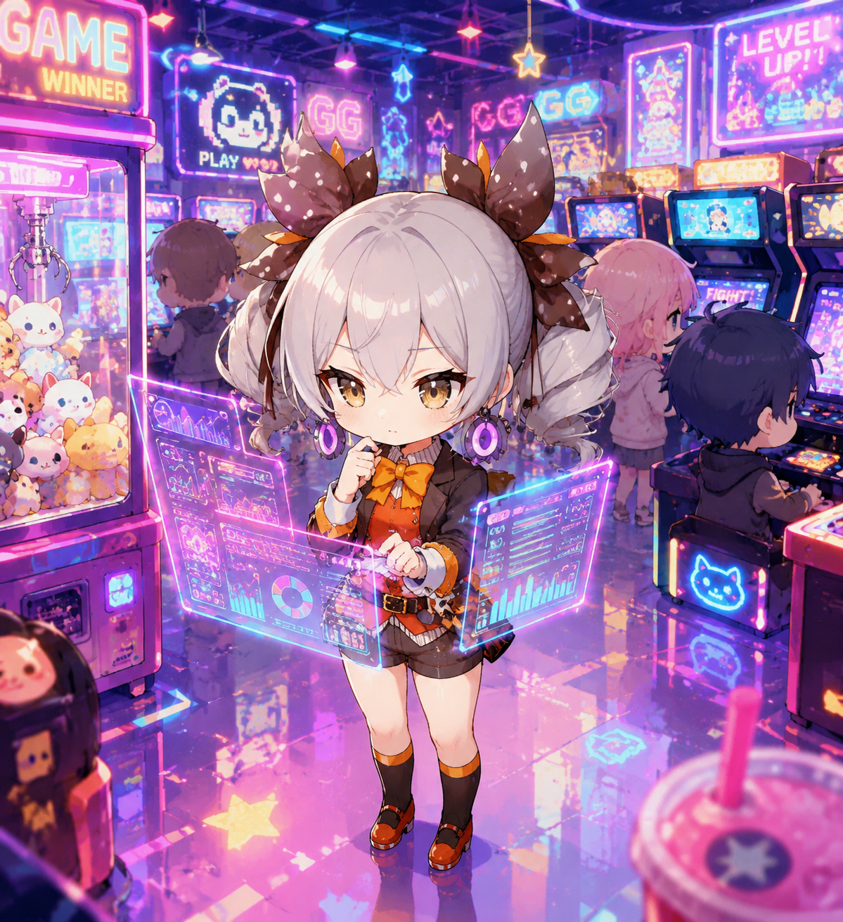 Analyzing data on a floating holographic screen At a crowded gaming arcade with neon reflections (chibi style, vibrant pastel colors)