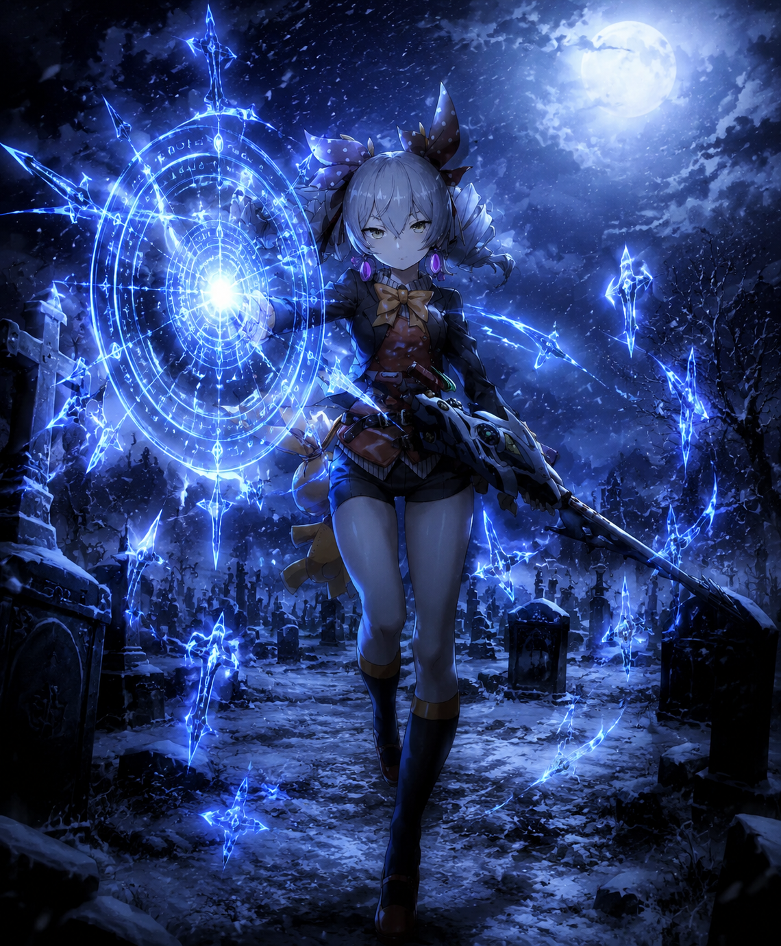 Deploying a complex construct of blue energy At a snowy graveyard under a pale moon (gritty cinematic, dramatic blue rim lighting)