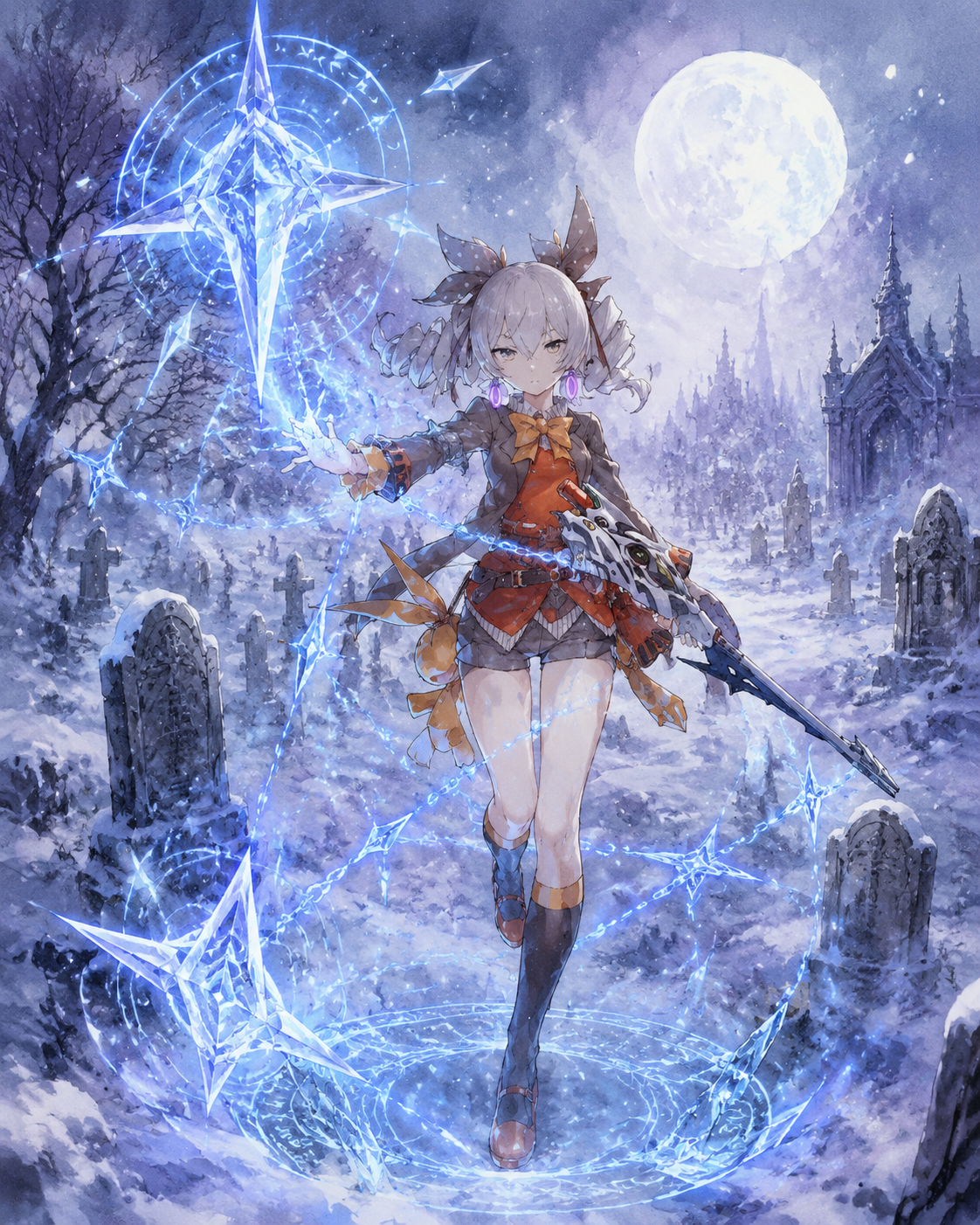 Deploying a complex construct of blue energy At a snowy graveyard under a pale moon (soft watercolor, ethereal glowing accents)