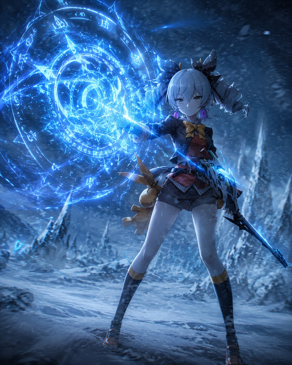 Deploying a complex construct of blue energy on a frozen wasteland during a blizzard (gritty cinematic)