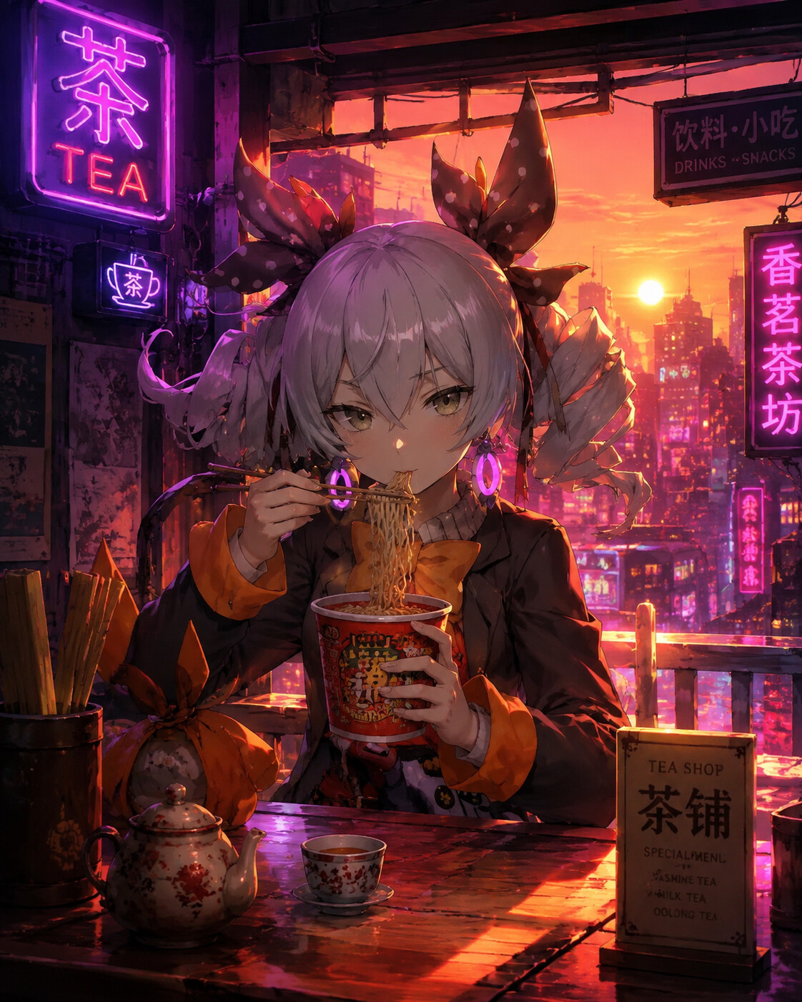 Eating a cup of instant noodles at a small tea shop during sunset (cyberpunk neon)
