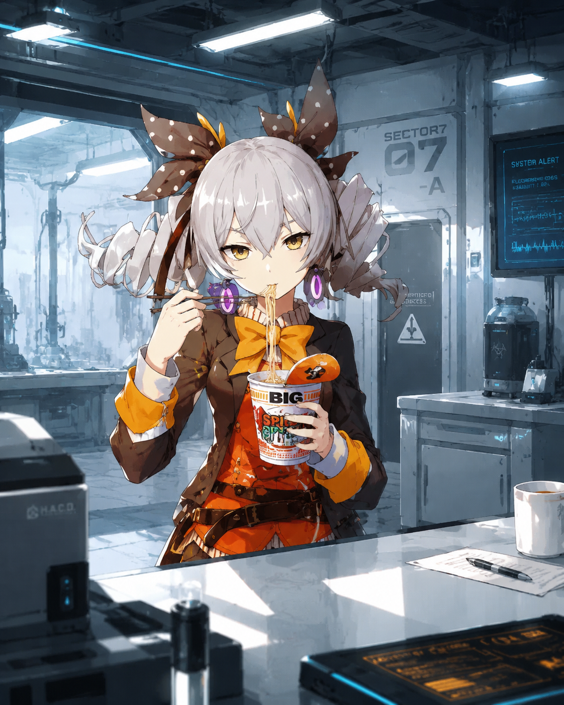Eating a cup of instant noodles In a sterile futuristic laboratory with flickering lights (sharp cel-shaded anime, crisp line art)