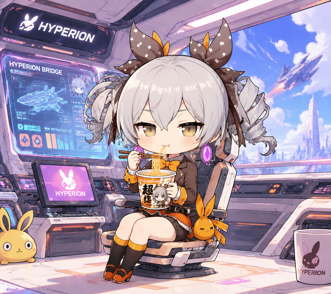 Eating a cup of instant noodles on a high-tech bridge of the Hyperion (chibi style)