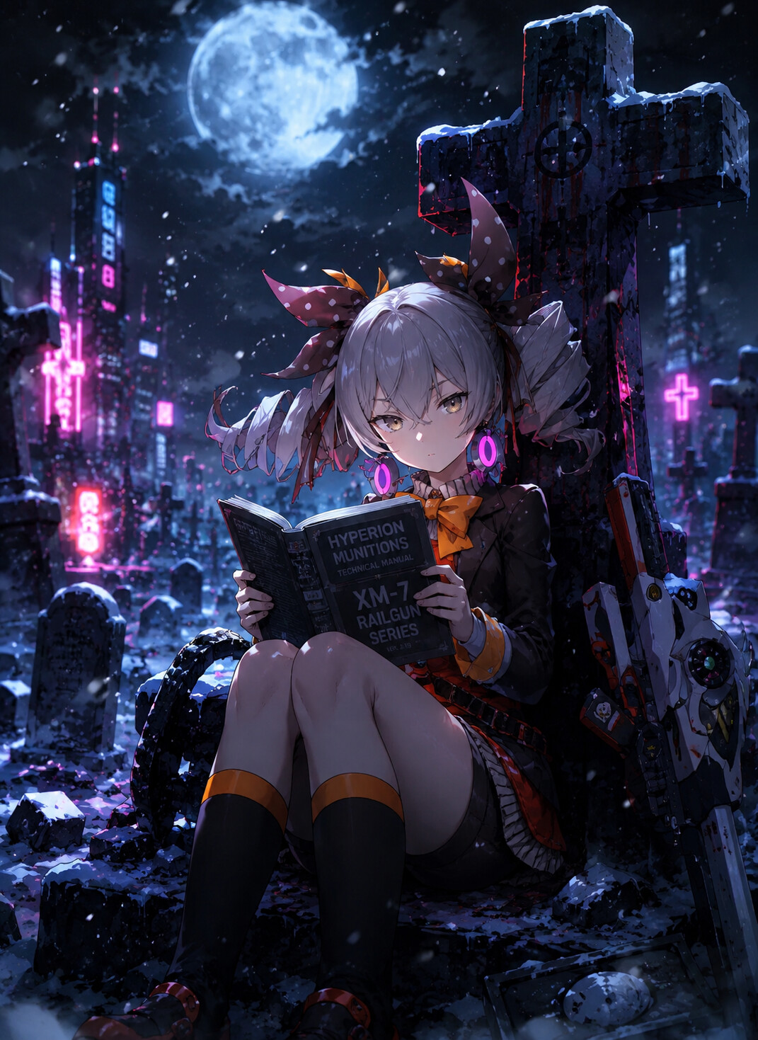 Reading a technical manual with a blank expression at a snowy graveyard under a pale moon (cyberpunk neon)