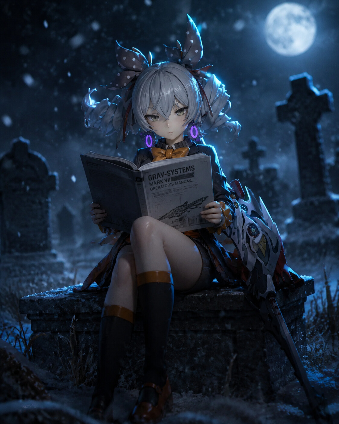 Reading a technical manual with a blank expression at a snowy graveyard under a pale moon (gritty cinematic)