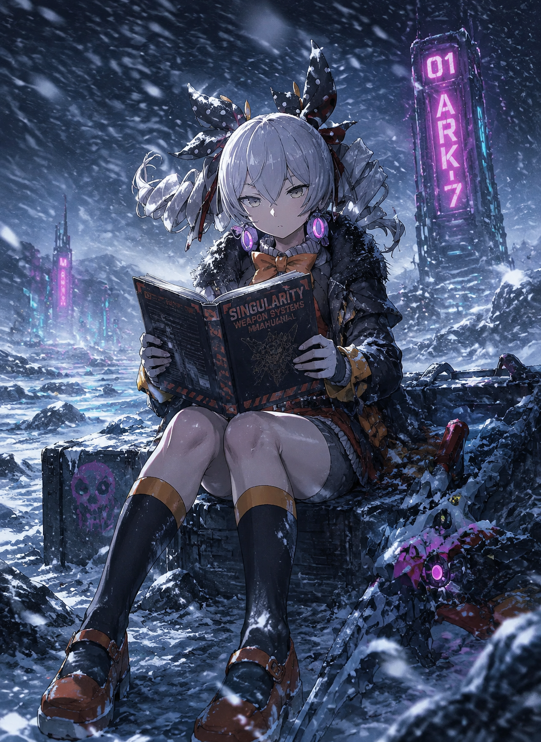 Reading a technical manual with a blank expression On a frozen wasteland during a blizzard (cyberpunk neon, high contrast digital art)