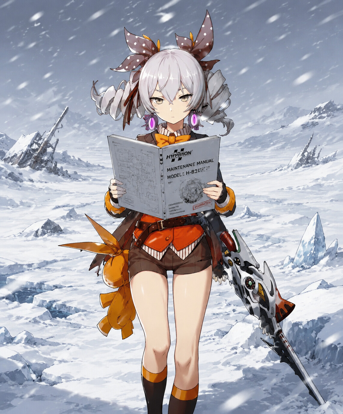 Reading a technical manual with a blank expression on a frozen wasteland during a blizzard (sharp cel-shaded anime)