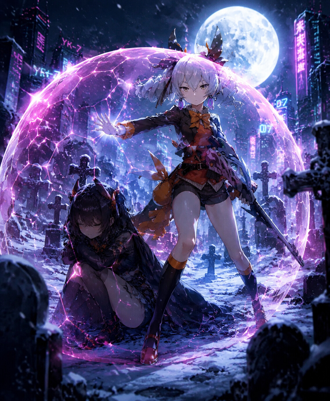Shielding a teammate with a kinetic barrier at a snowy graveyard under a pale moon (cyberpunk neon)