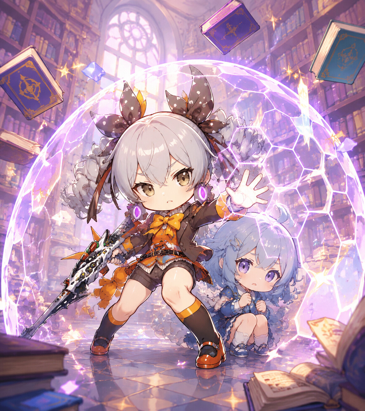 Shielding a teammate with a kinetic barrier in a quiet library filled with floating books (chibi style)