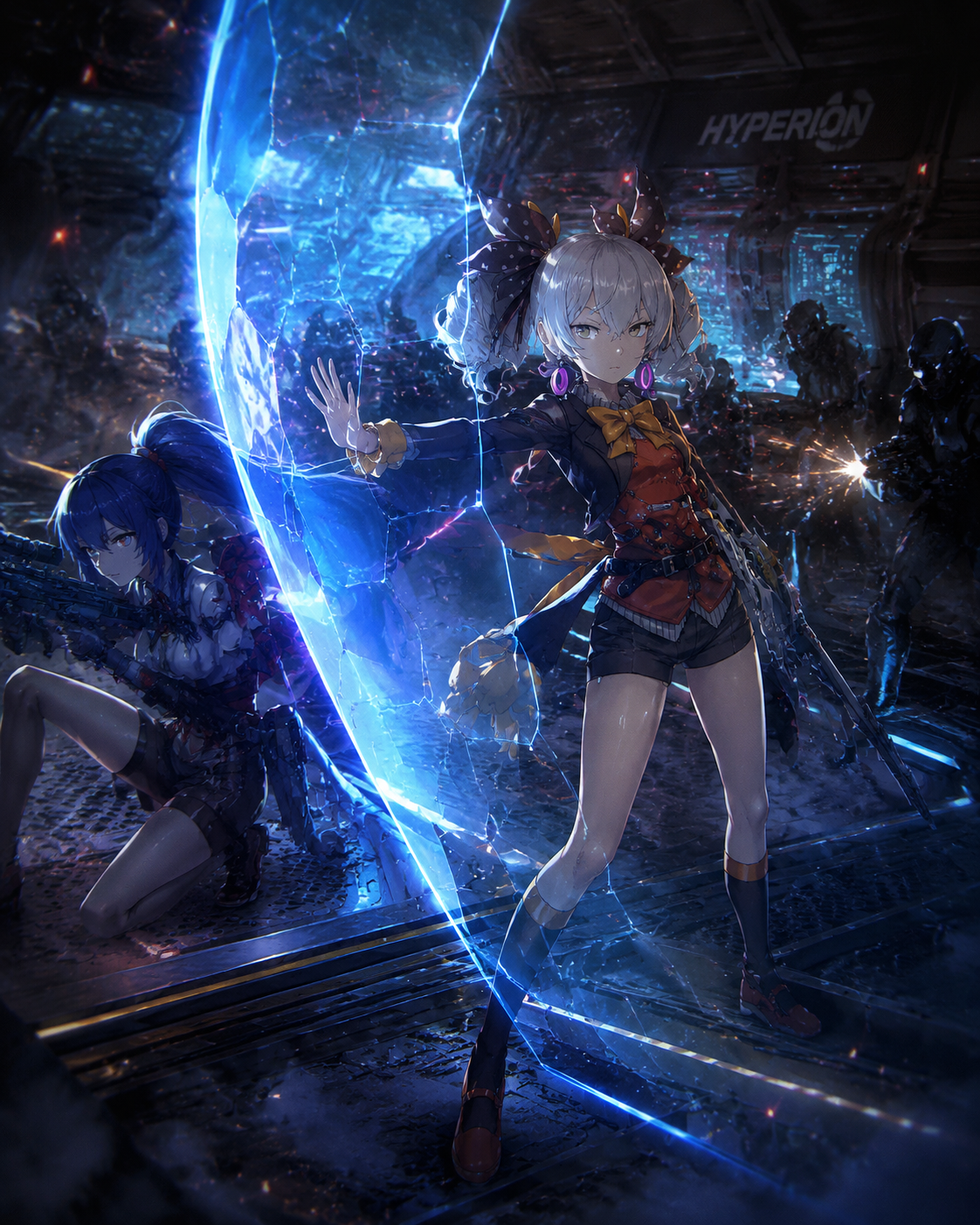 Shielding a teammate with a kinetic barrier On a high-tech bridge of the Hyperion (gritty cinematic, dramatic blue rim lighting)