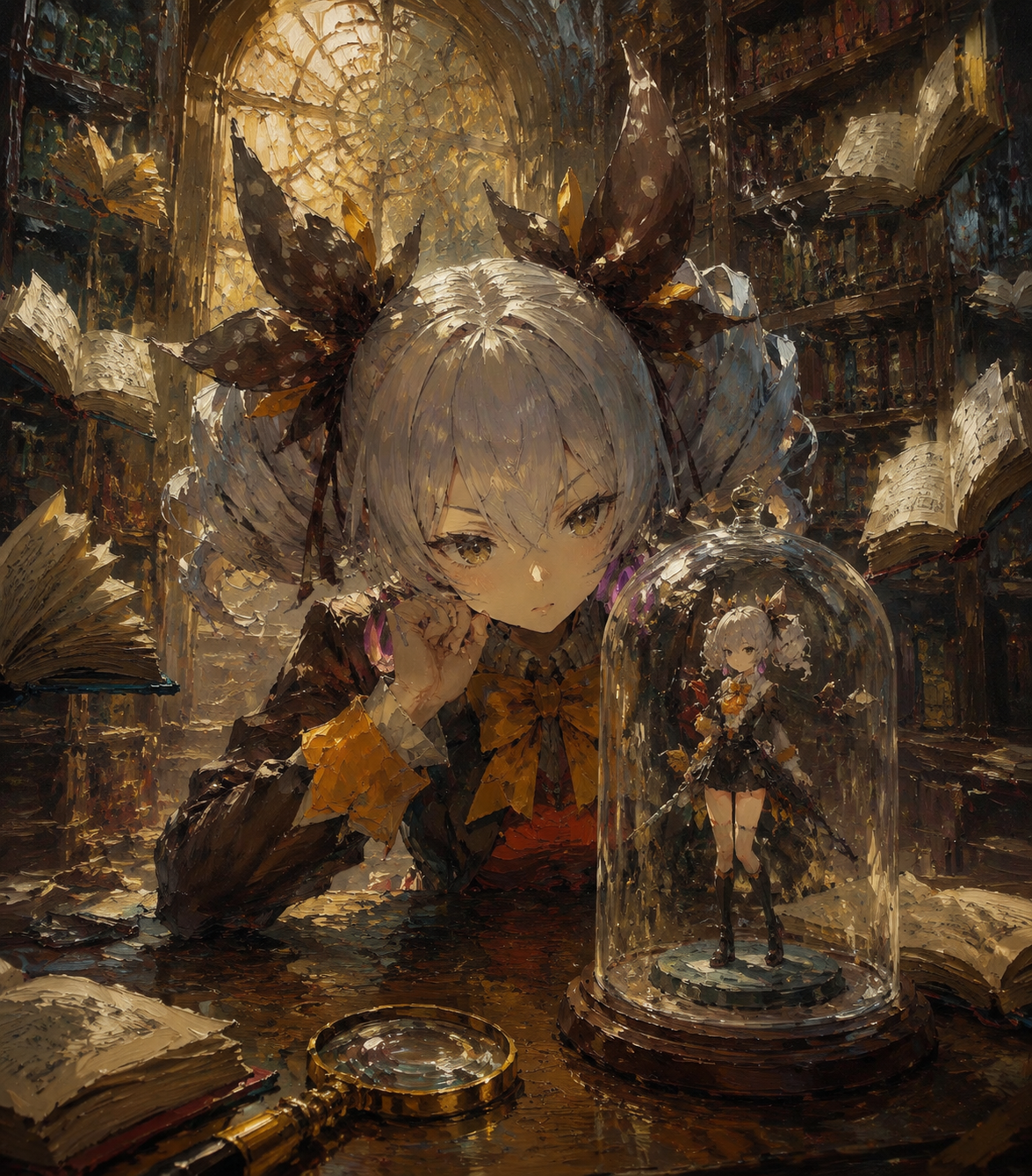 Staring intensely at a rare collectible figure In a quiet library filled with floating books (oil painting, thick brushstrokes and rich textures)