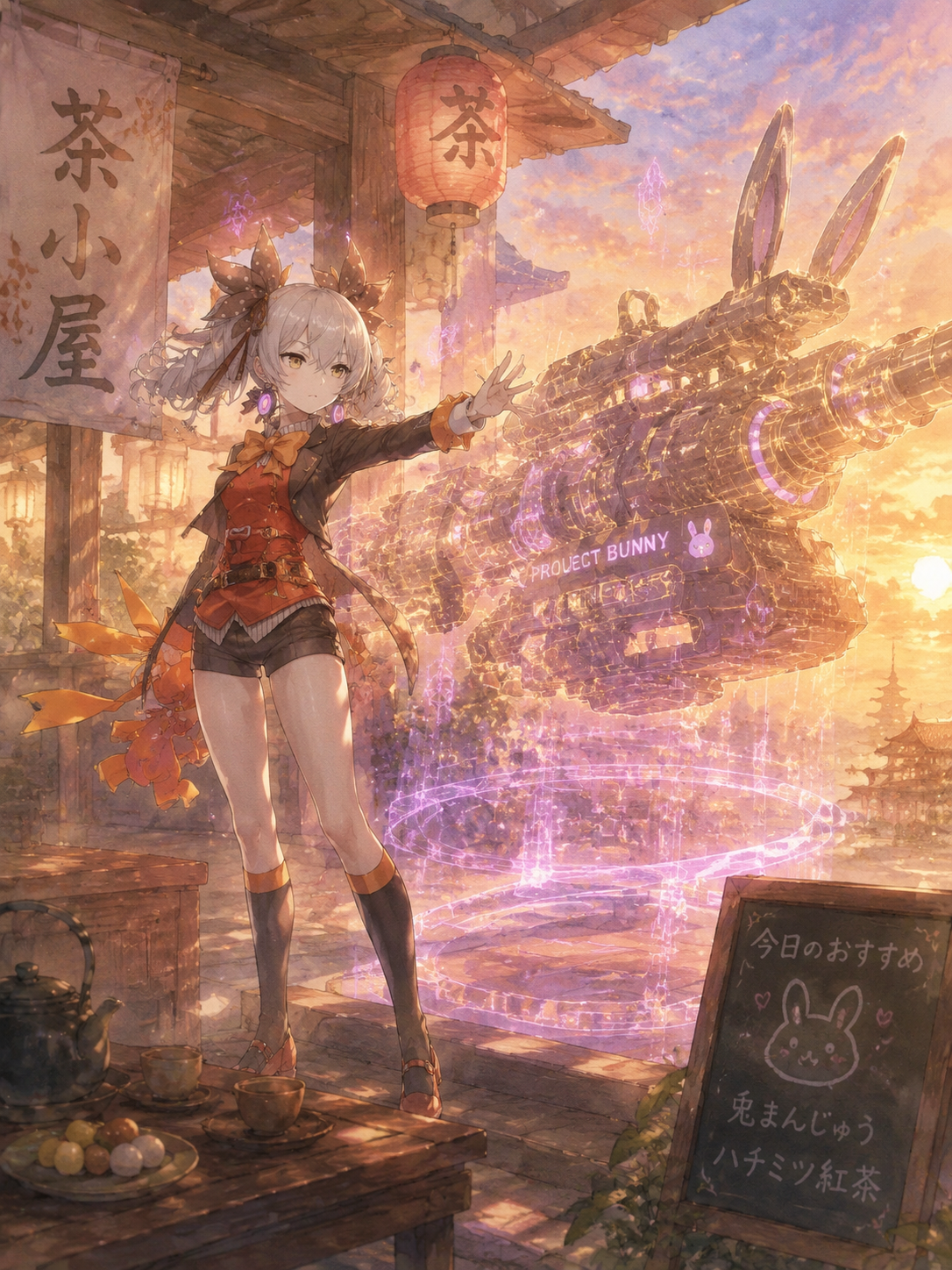 Summoning the project bunny heavy artillery At a small tea shop during sunset (soft watercolor, ethereal glowing accents)