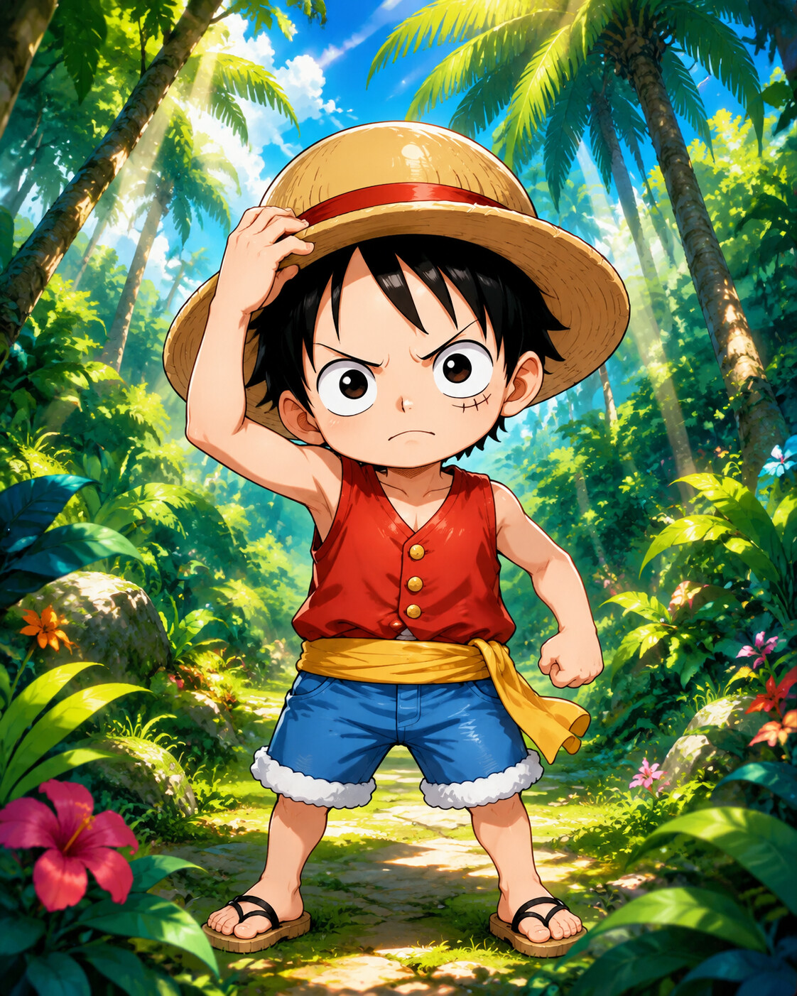 Fixing his straw hat while glaring at enemies in a lush tropical forest with sunbeams (cute chibi style)