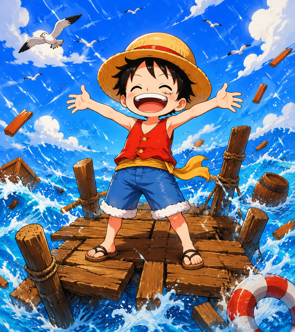 Laughing joyfully with his arms stretched wide on a floating wooden pier during a gale (cute chibi style)